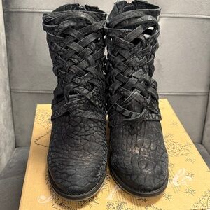 Free People Black Woven Leather  Boots